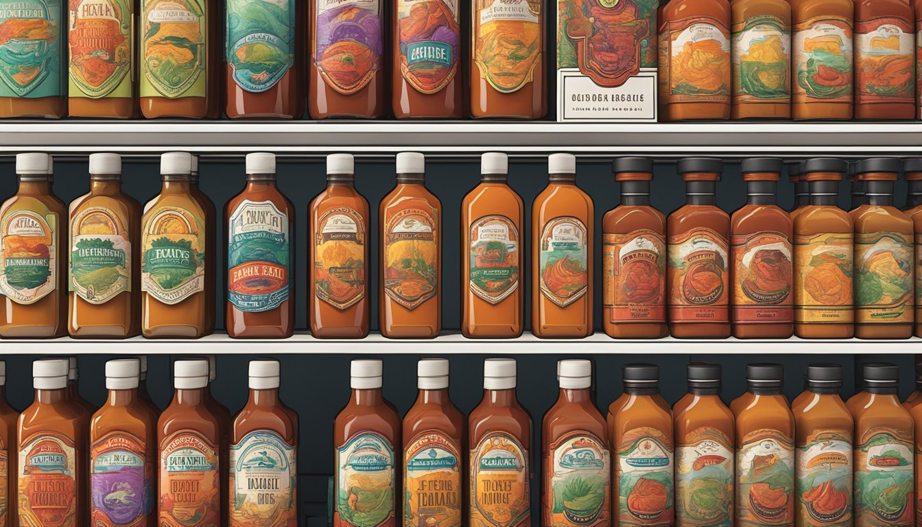 A line of Texas hot sauce bottles with collaborative branding and limited edition labels displayed on a shelf in a store