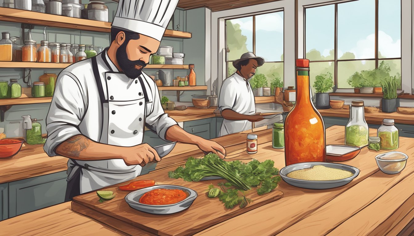 A chef teaching a Texas hot sauce cooking class with various ingredients and cooking utensils on a wooden countertop