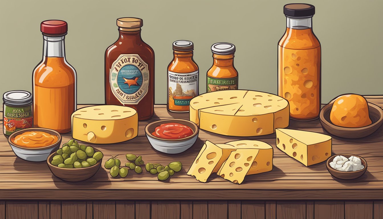 A cheese tasting event with various artisanal cheeses and bottles of Texas hot sauce displayed on a wooden table