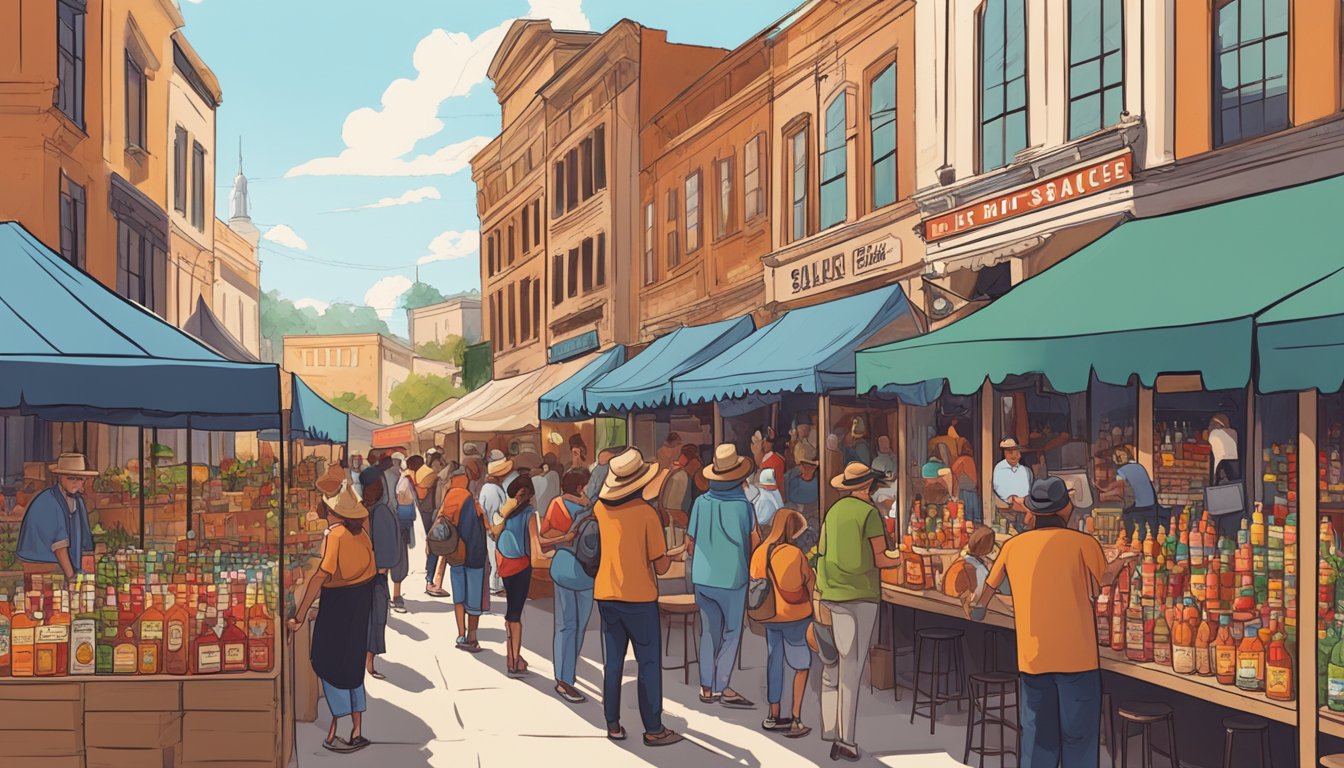 A bustling marketplace filled with vendors showcasing a variety of Texas hot sauces, with people gathering around to sample and discuss the latest limited edition collaborations