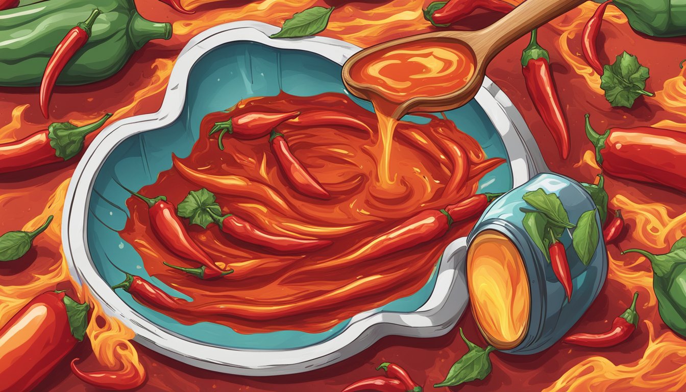 A sizzling hot sauce bottle emerges from a Texas-shaped pool of spicy red liquid, with flames and chili peppers swirling around it