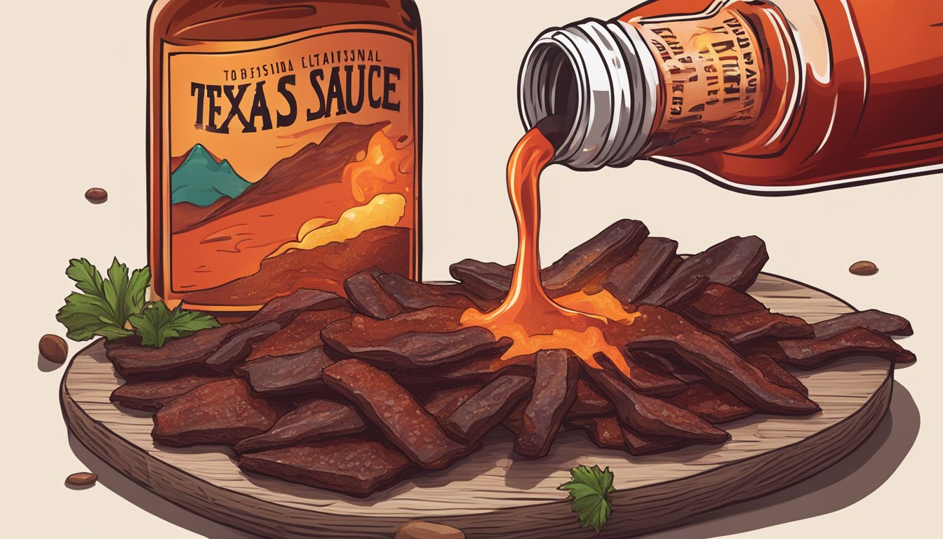 A bottle of Texas hot sauce pouring its fiery red contents onto a pile of artisanal craft jerky, creating a spicy and flavorful masterpiece