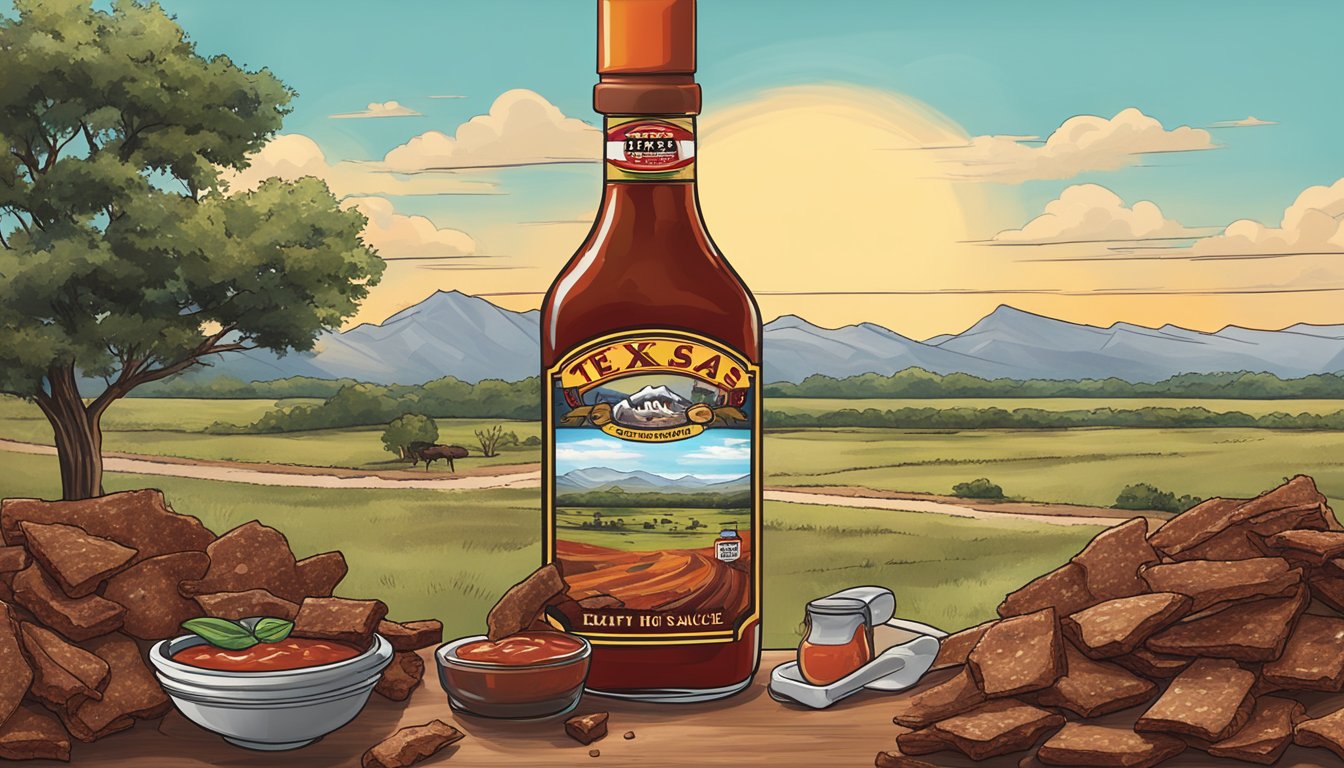 A bottle of Texas hot sauce pouring over a pile of craft jerky, with the landscape of the Lone Star State in the background