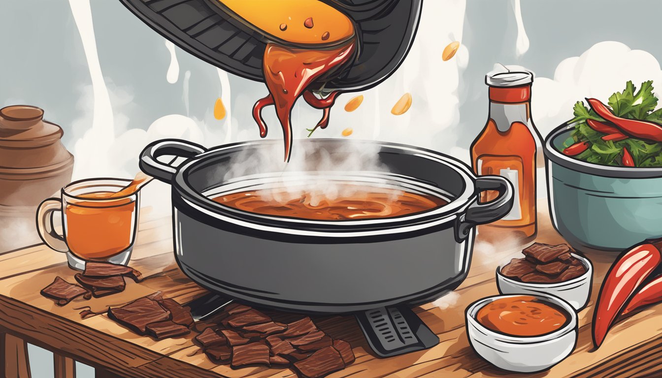 A steaming pot of Texas hot sauce being poured over strips of marinating craft jerky. A cloud of spicy aroma fills the air