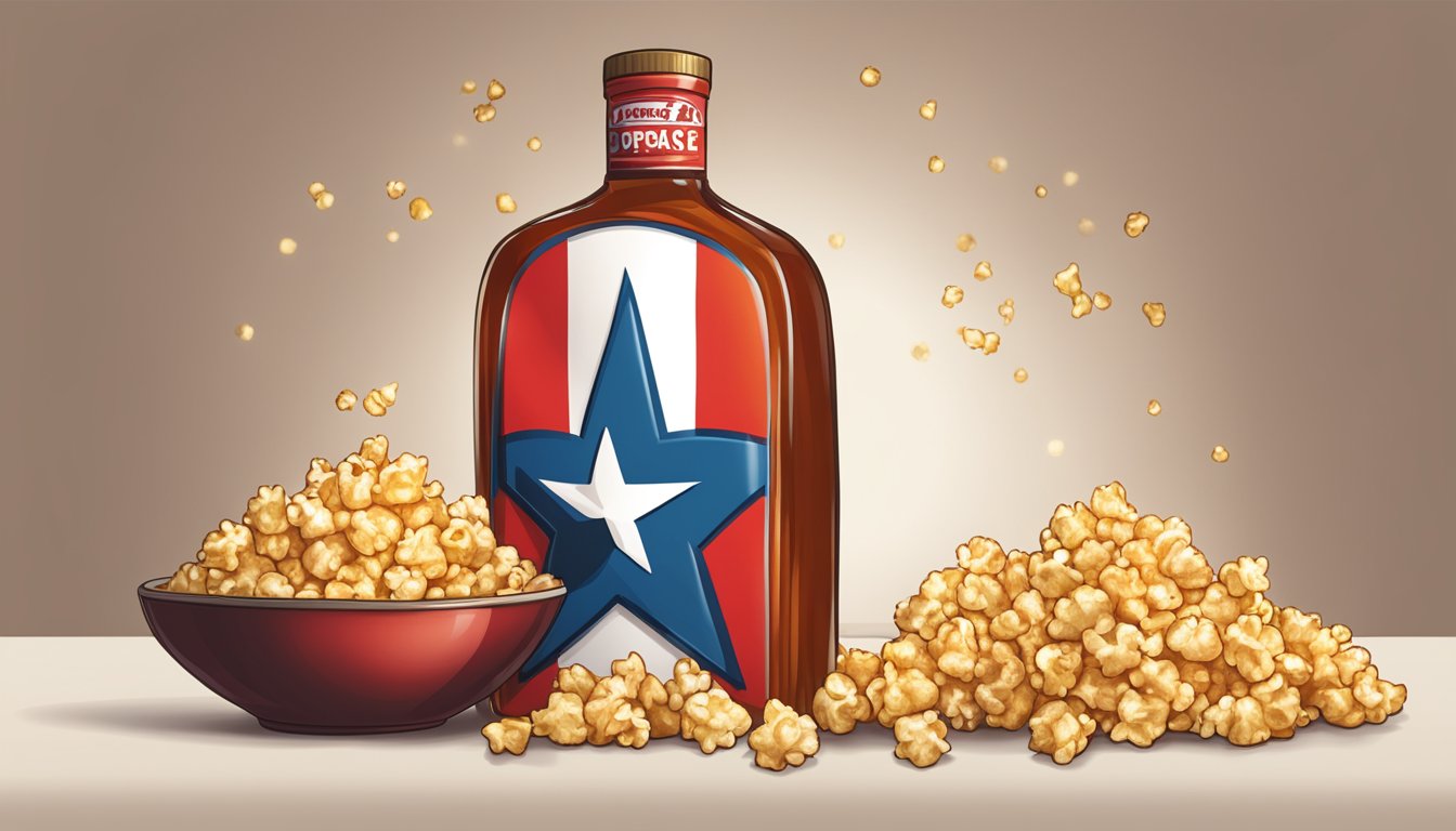 A bottle of Texas hot sauce pours its fiery red contents over a bowl of gourmet popcorn, creating a fusion of flavors