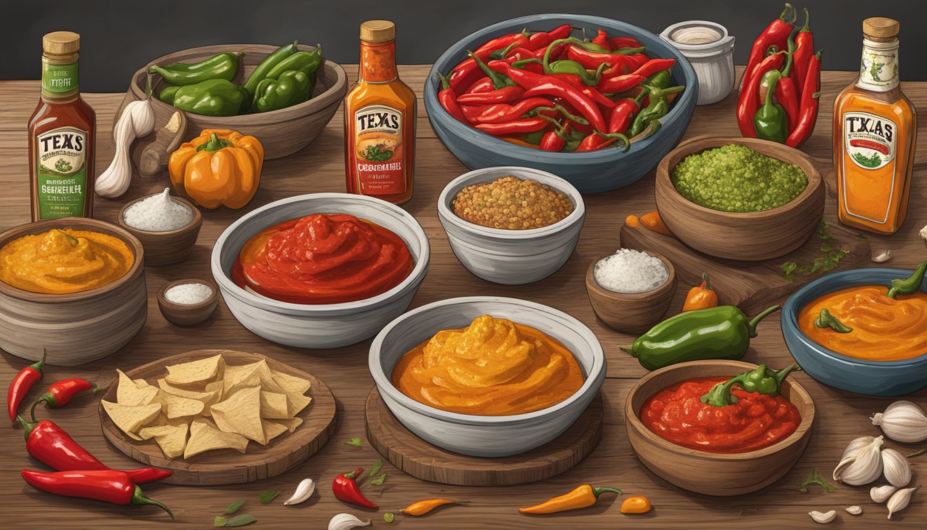 A rustic wooden table displays a spread of artisanal and commercial Texas hot sauces, surrounded by fresh peppers, garlic, and other ingredients