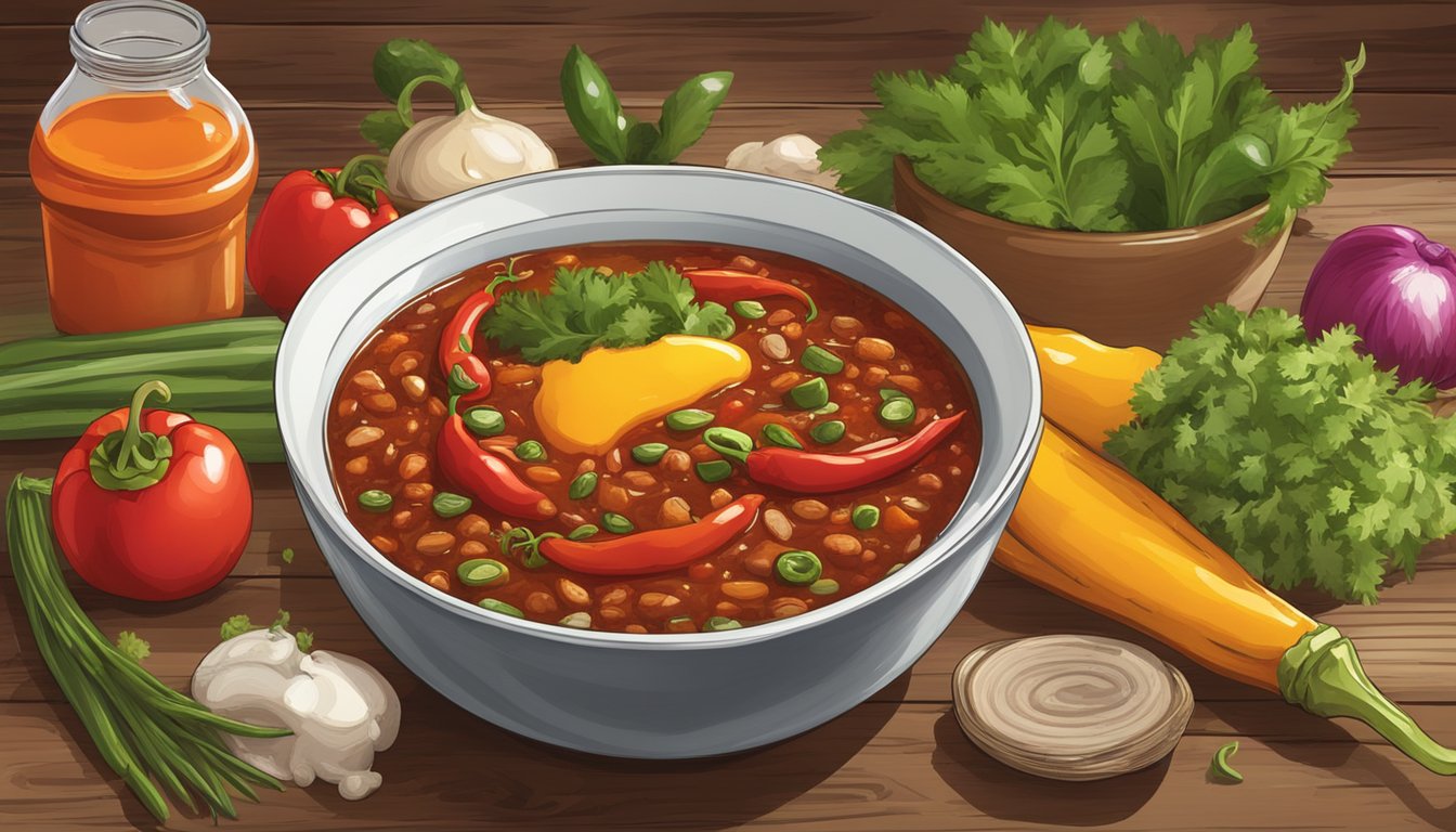 A steaming bowl of chili with a dollop of Texas hot sauce, surrounded by colorful fresh vegetables and herbs on a rustic wooden table