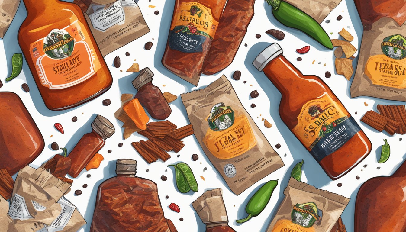 A sizzling bottle of Texas hot sauce sits next to a pile of flavorful craft jerky, with various spices and peppers scattered around