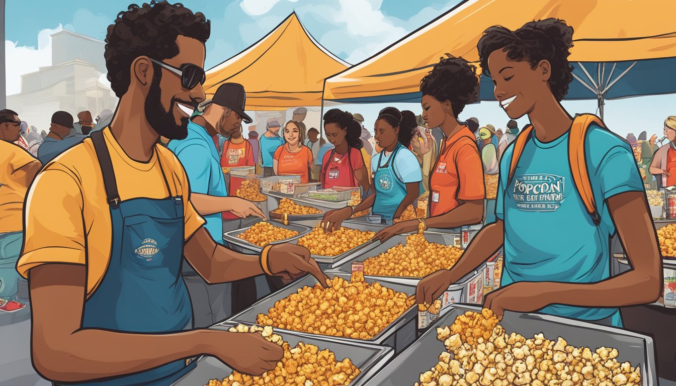 Vendors showcase a variety of gourmet popcorn flavors infused with Texas hot sauce at the festival. The aroma of spicy and savory blends fills the air as attendees sample the unique combinations