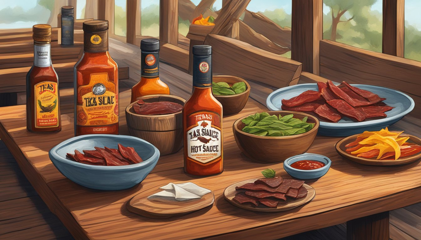 A rustic wooden table displays an array of artisan jerky and bottles of Texas hot sauce, evoking a spicy, flavorful landscape