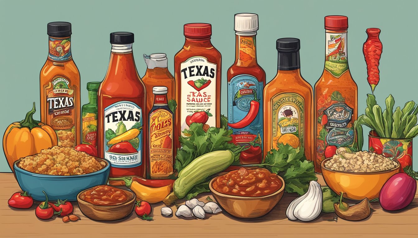 A bottle of Texas hot sauce surrounded by various gourmet foods, representing its influence on national tastes