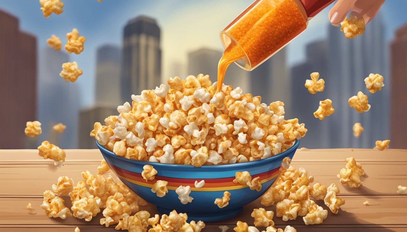 A bowl of gourmet popcorn with Texas hot sauce being drizzled over it, creating a spicy and flavorful revolution in snack food