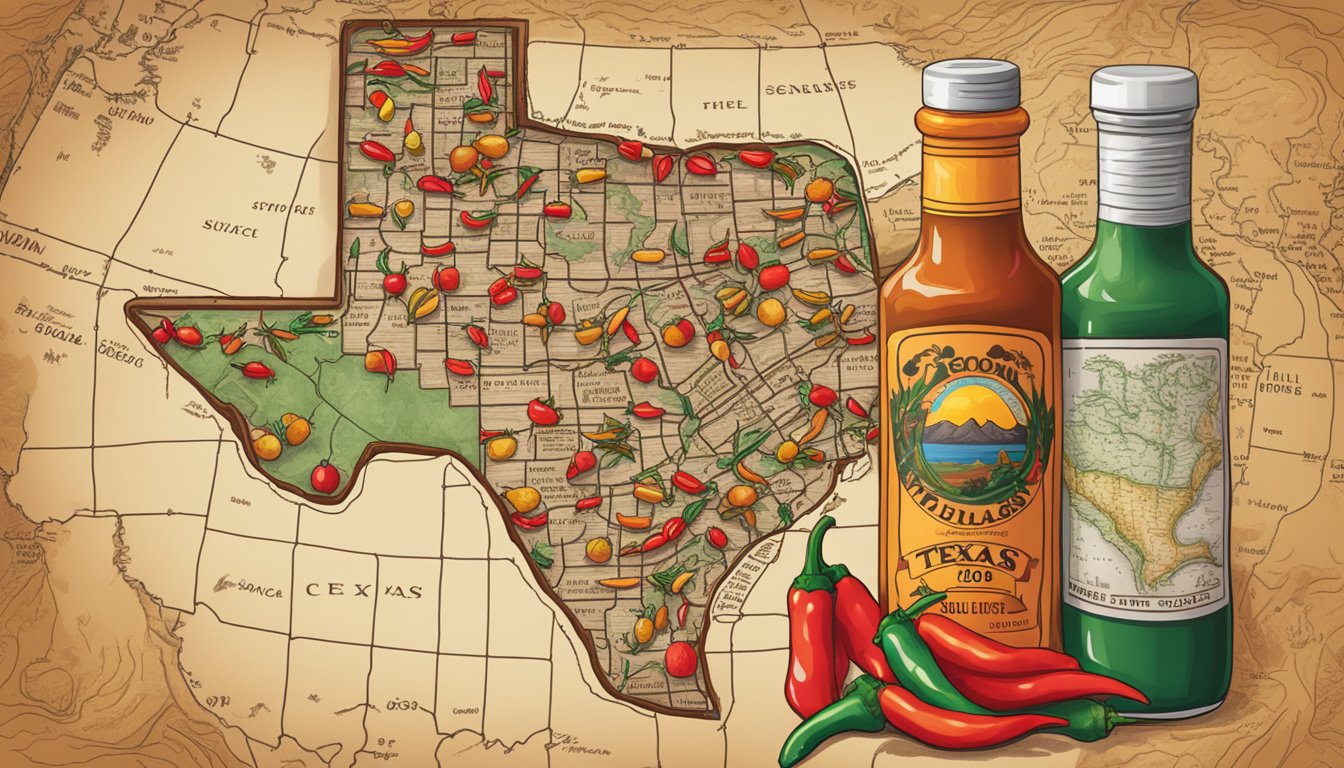 A sizzling hot sauce bottle surrounded by chili peppers and spices, with a map of Texas in the background