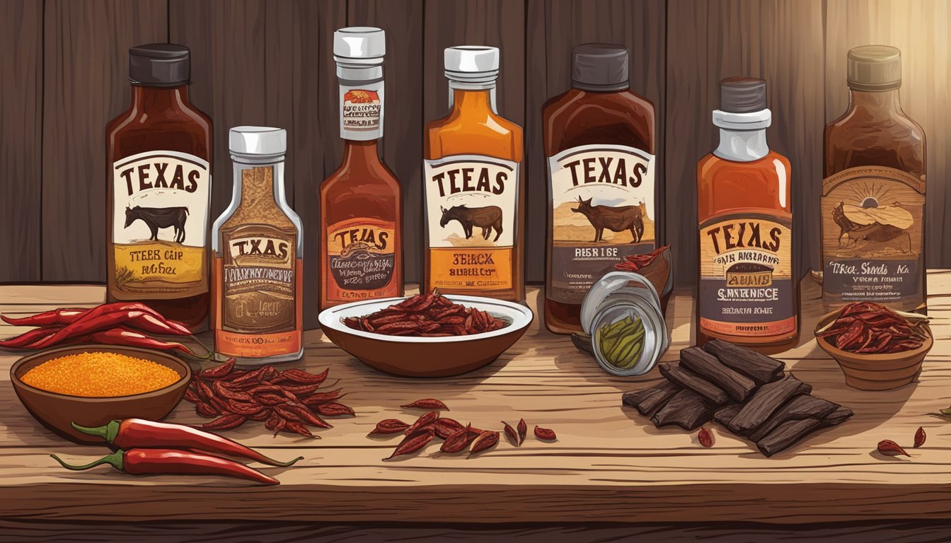 A rustic wooden table displays an assortment of craft jerky and bottles of Texas hot sauce, surrounded by dried chili peppers and garlic cloves