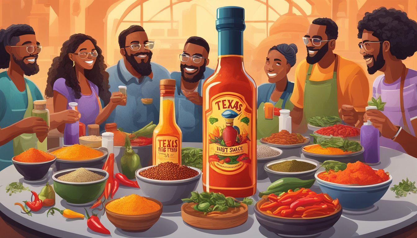 A sizzling bottle of Texas hot sauce surrounded by colorful peppers and spices, with a diverse group of people enjoying gourmet dishes in the background