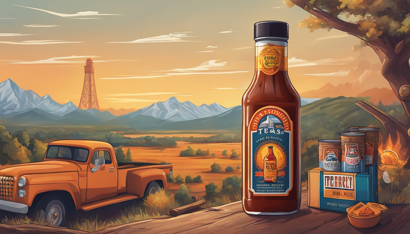 A fiery Texas hot sauce bottle towering over a landscape of craft jerky packages, with industry standards symbols in the background