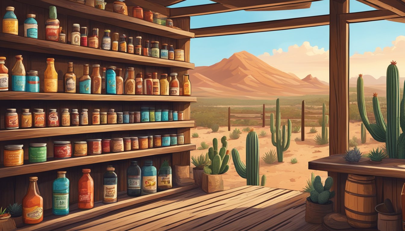 A rustic Texas ranch with a variety of craft jerky and hot sauce bottles displayed on wooden shelves, surrounded by cacti and desert landscape