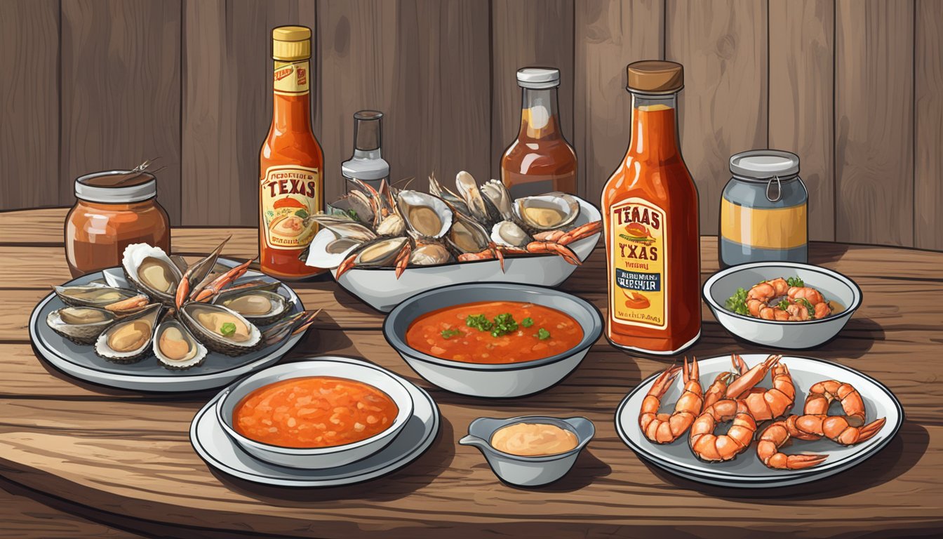 A bottle of Texas hot sauce next to a plate of assorted seafood, including shrimp, oysters, and crab legs, on a rustic wooden table