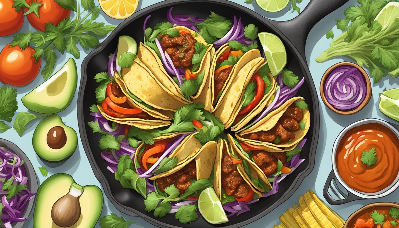 A sizzling skillet of vegan tacos topped with Texas hot sauce, surrounded by colorful vegetables and herbs