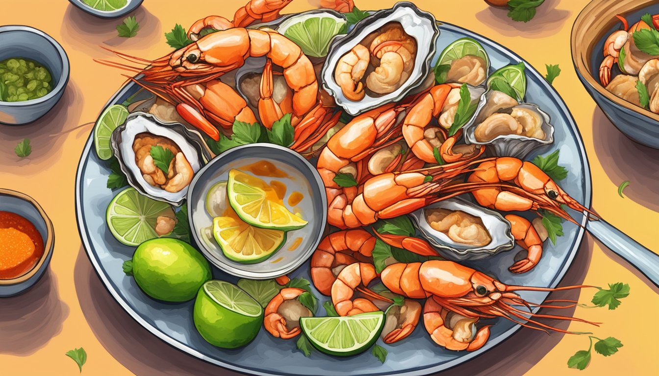 A steaming plate of grilled shrimp and oysters drenched in zesty Texas hot sauce, surrounded by colorful peppers and limes