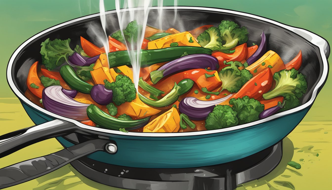 A sizzling skillet of grilled vegetables being doused in vibrant Texas hot sauce, adding a fiery kick to the vegan and vegetarian dish