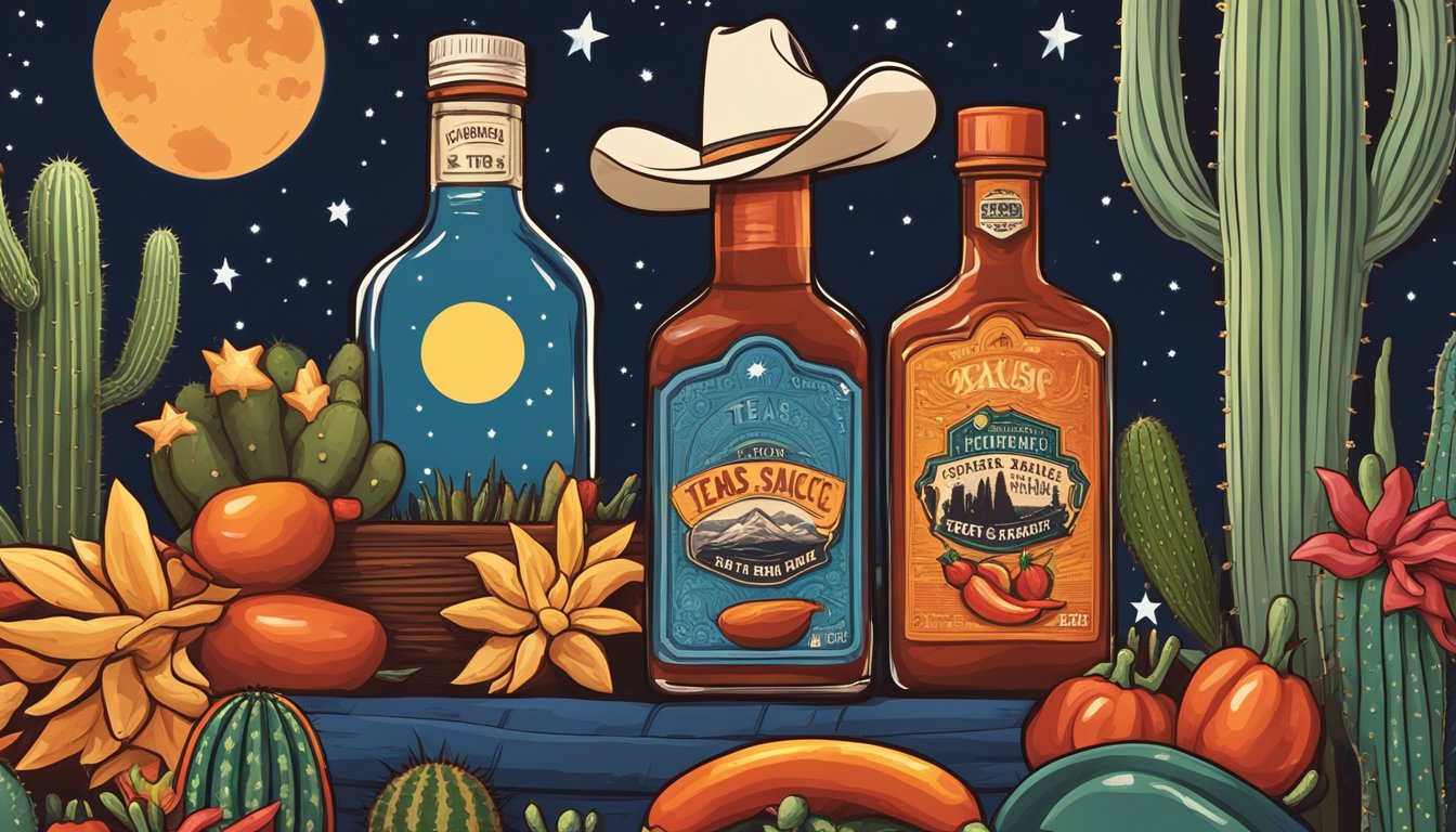 A bottle of Texas hot sauce surrounded by chili peppers, cacti, and a cowboy hat under a starry night sky