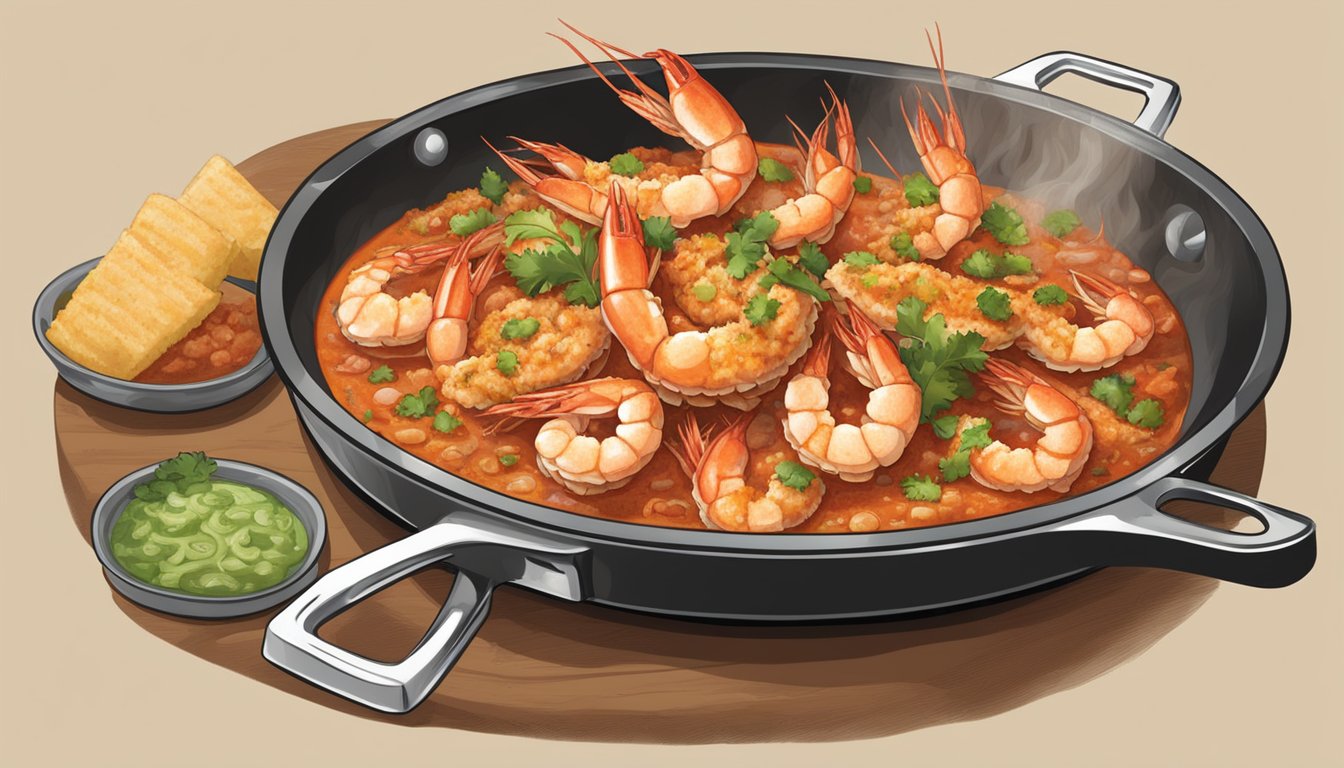 A sizzling skillet of shrimp and crab drenched in Texas hot sauce, emitting a mouthwatering aroma