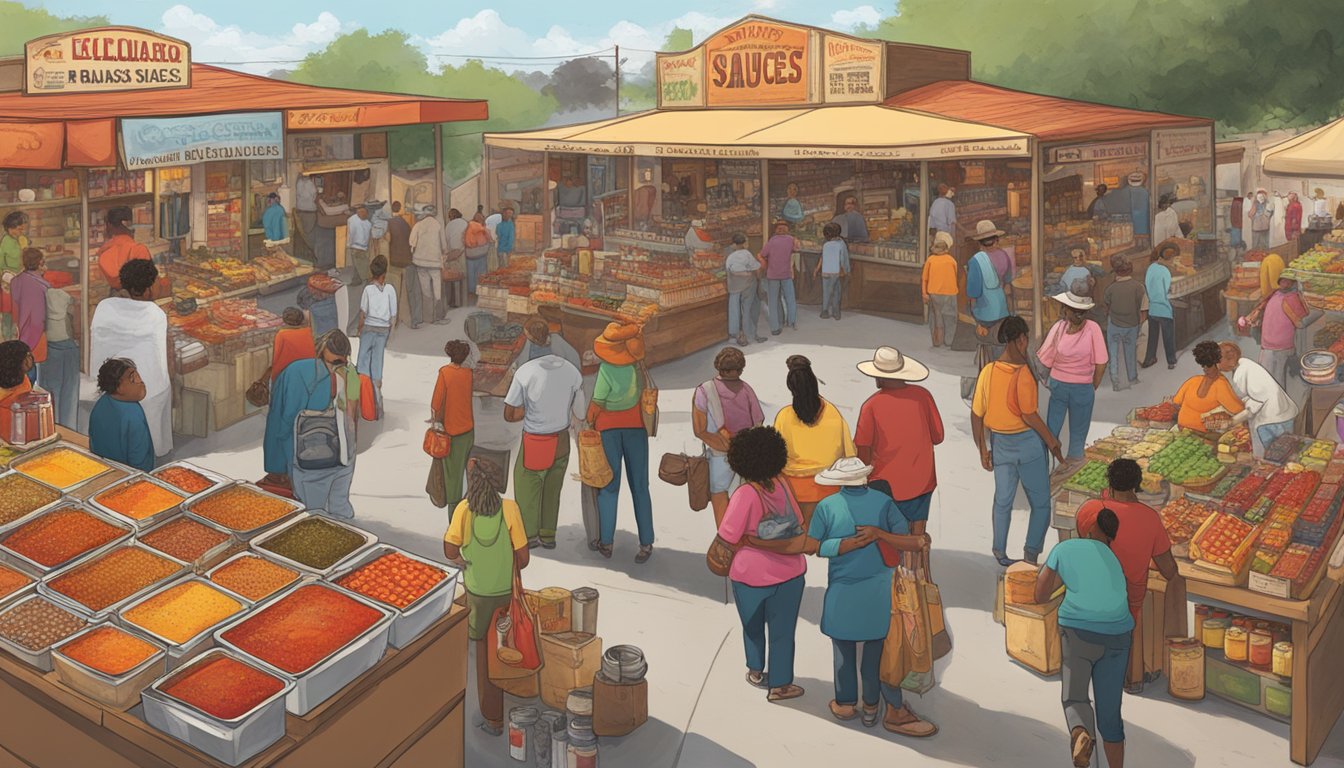 A bustling Texan market, with vendors proudly displaying a variety of hot sauces from different cultures, reflecting the state's diverse culinary influences