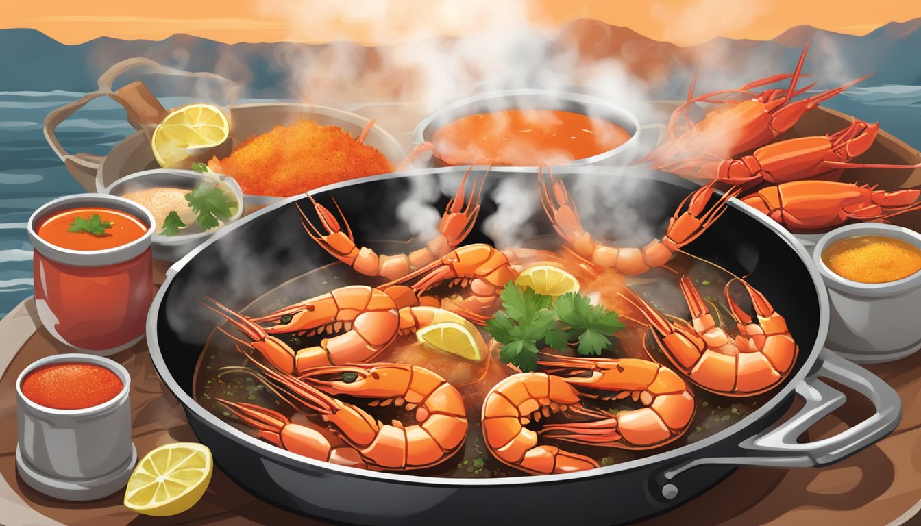 A sizzling skillet of spicy shrimp and crab legs next to a variety of Texas hot sauces, with steam rising from the seafood