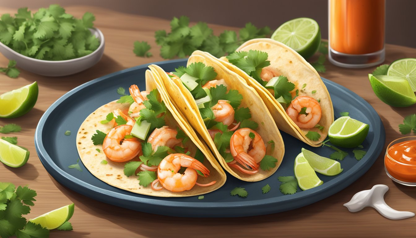 A steaming plate of spicy shrimp tacos with a drizzle of Texas hot sauce, surrounded by fresh cilantro and lime wedges