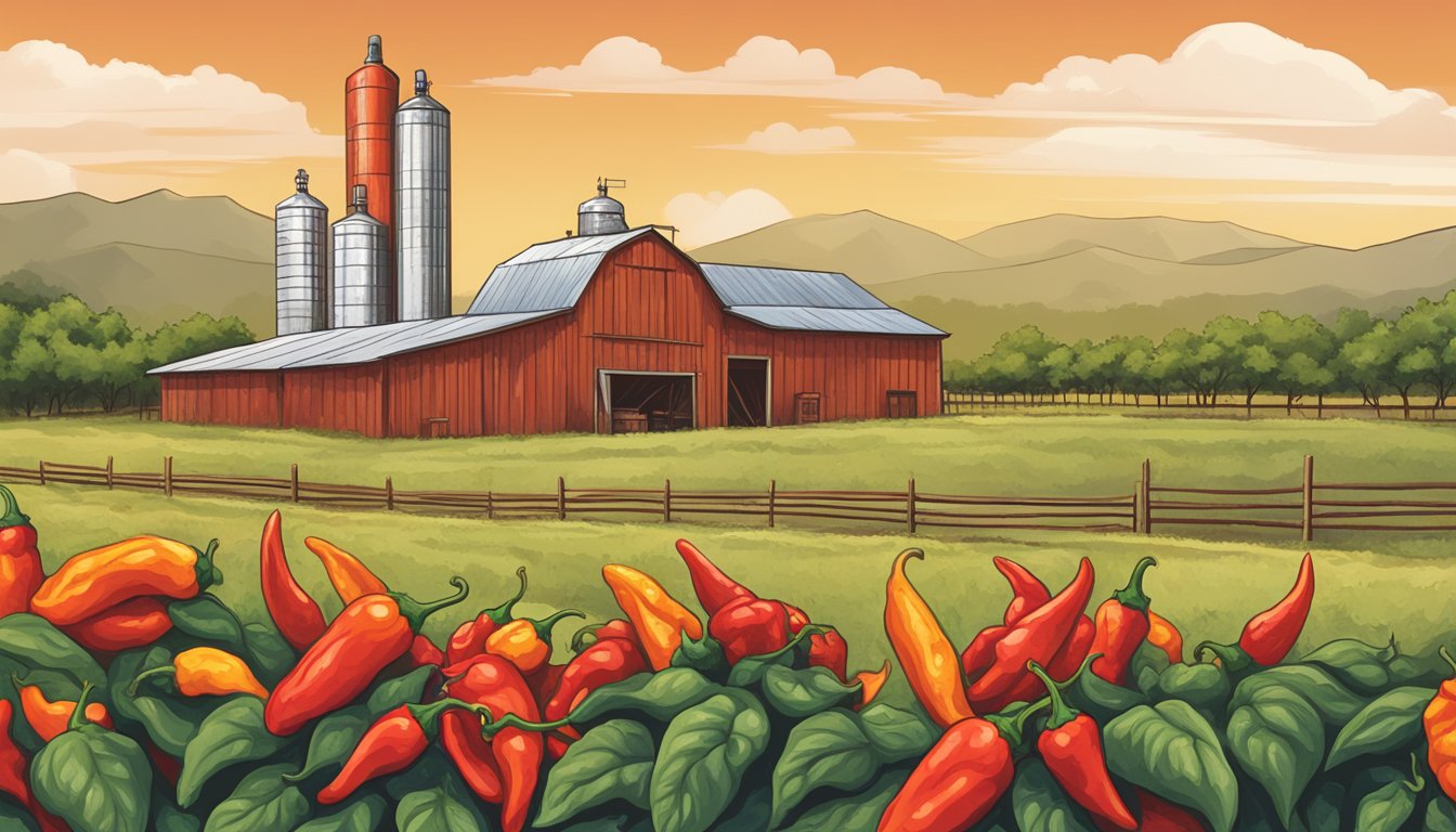 A rustic Texas landscape with fields of spicy peppers, a small hot sauce factory, and a bold, modern label design