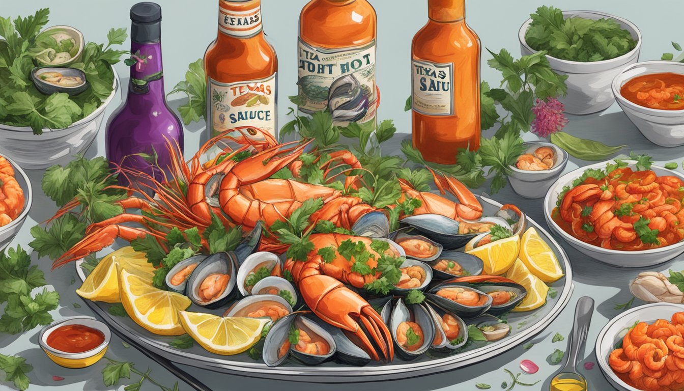 A steaming plate of seafood surrounded by bottles of Texas hot sauce, with vibrant garnishes and herbs scattered around the dish