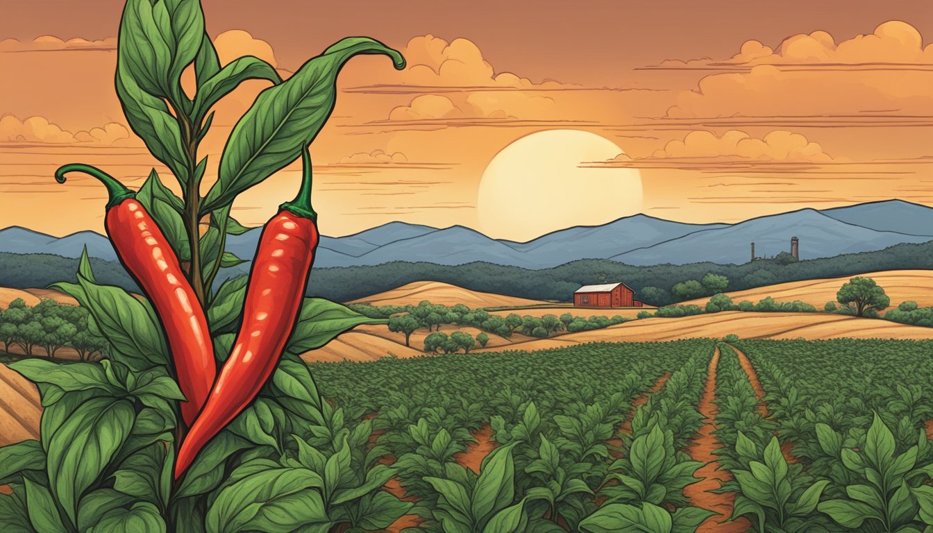 A fiery red chili pepper plant grows tall against a backdrop of rolling Texas hills, with a small, rustic hot sauce factory nestled in the distance