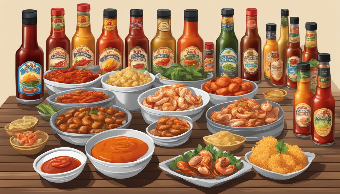 A table set with a variety of Texas hot sauces and seafood dishes, arranged in an appetizing display for a catering event