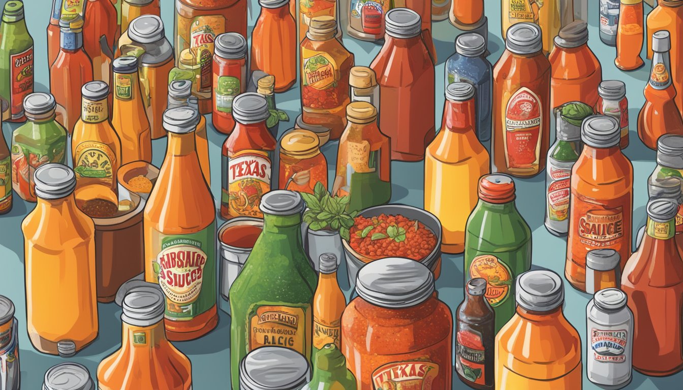 A bustling market with various hot sauce brands on display, showcasing the growing popularity of Texas hot sauce