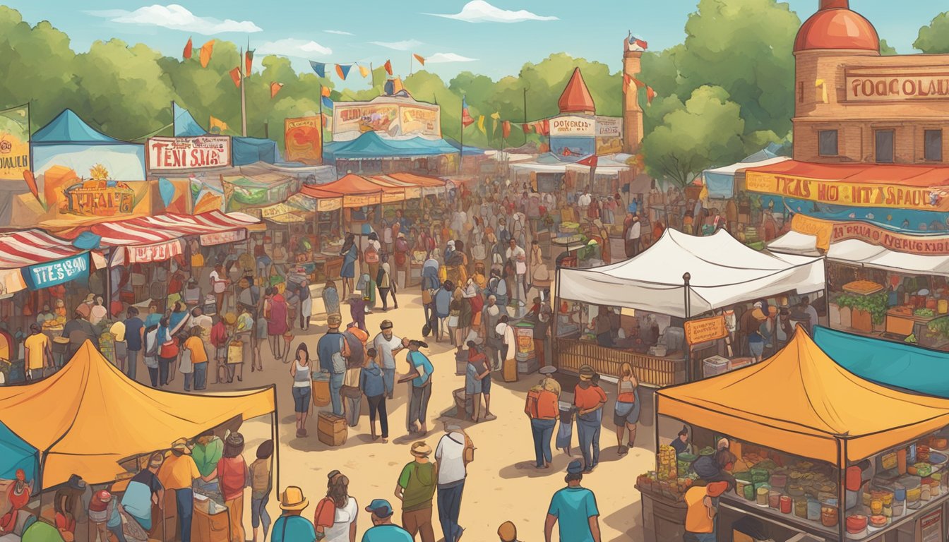 A bustling festival with colorful banners and booths showcasing Texas hot sauce alongside a variety of vegan and vegetarian dishes