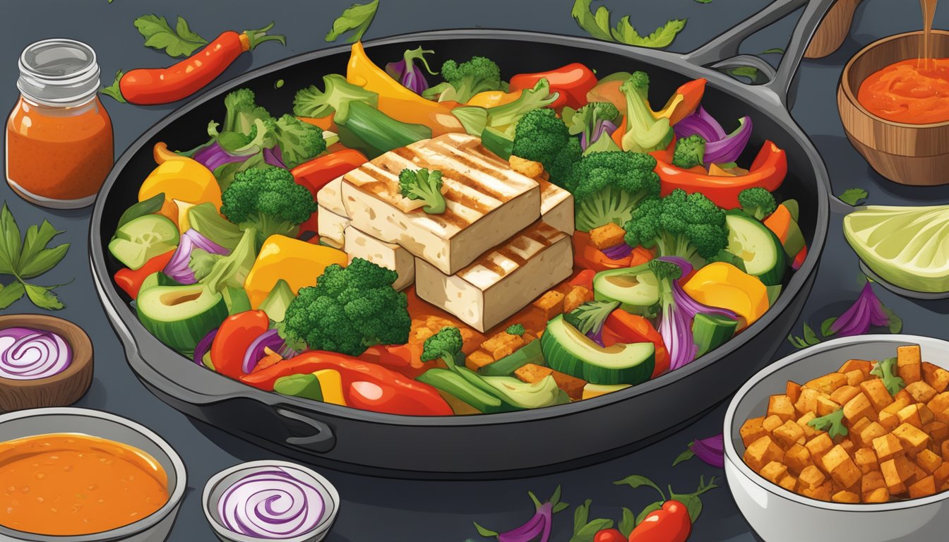 A sizzling skillet of sizzling vegetables and tofu being drizzled with Texas hot sauce, surrounded by colorful and vibrant vegan and vegetarian ingredients