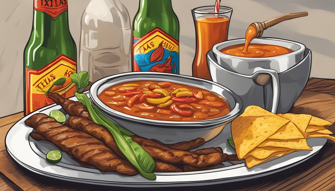 A bottle of Texas hot sauce is being poured onto a plate of sizzling fajitas, while a glass of cold beer sits nearby