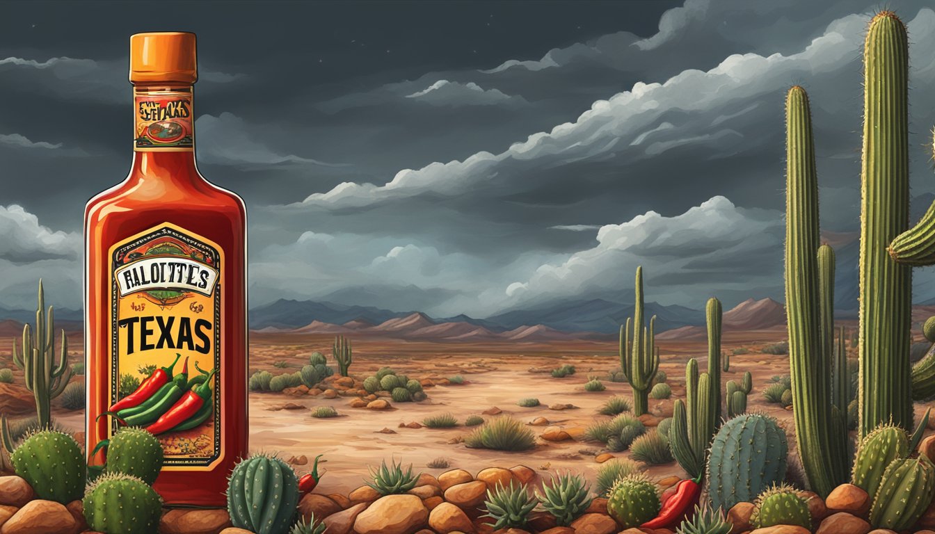 A bottle of Texas hot sauce surrounded by chili peppers and cacti, with a stormy sky in the background