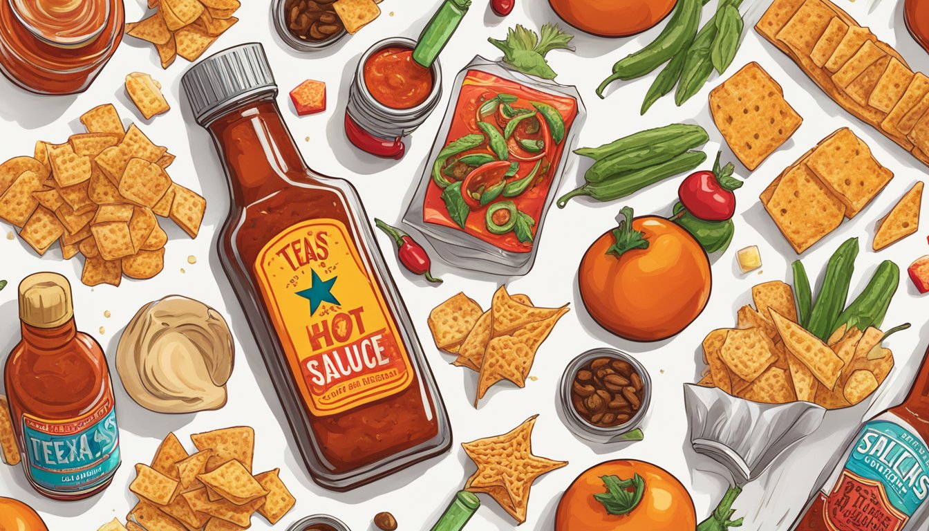 A sizzling bottle of Texas hot sauce surrounded by an array of spicy snacks, sparking inspiration for new flavor combinations