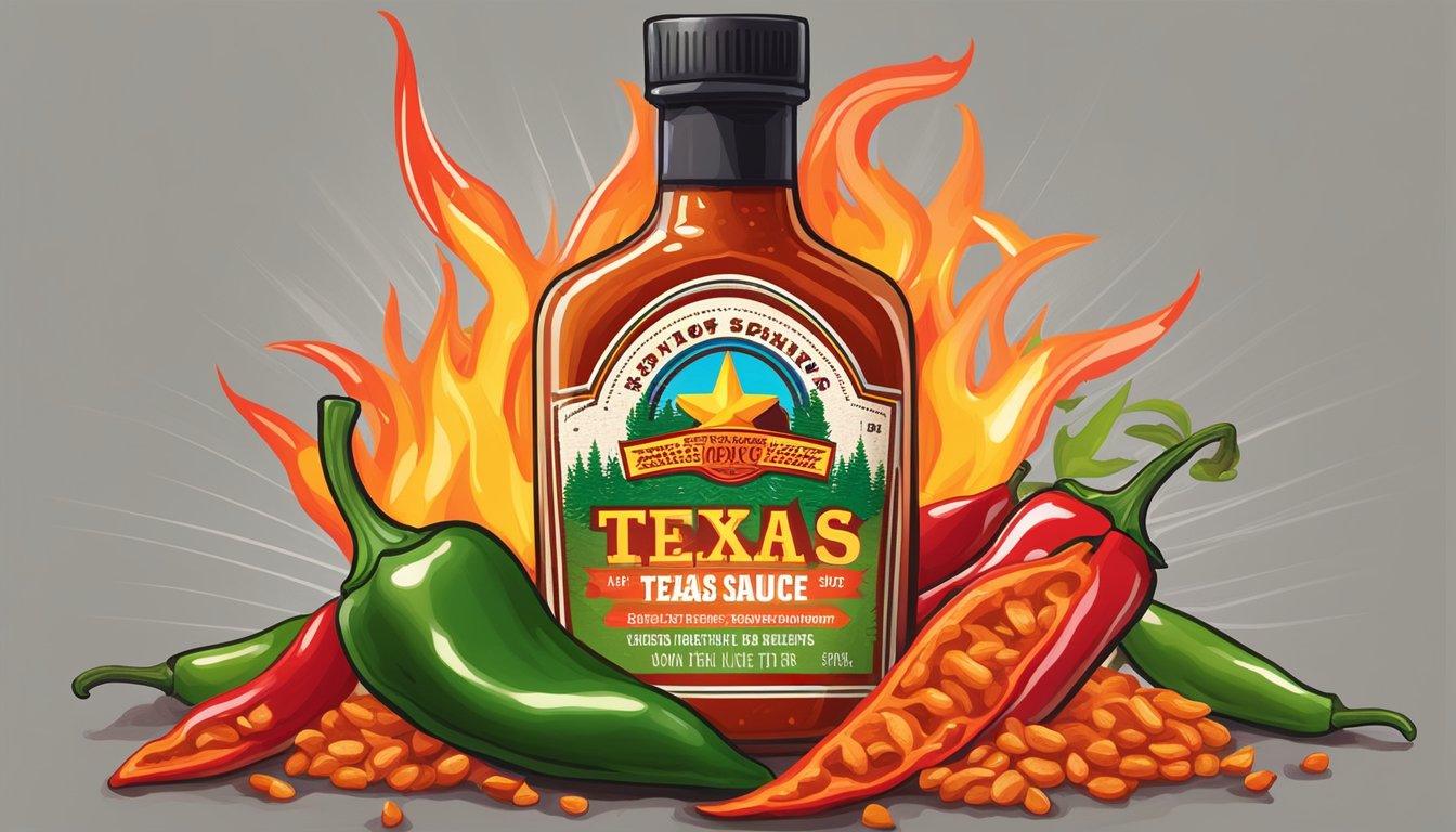 A sizzling bottle of Texas hot sauce surrounded by fiery red chili peppers and vibrant green jalapenos, evoking the bold and spicy flavors igniting snack innovation trends