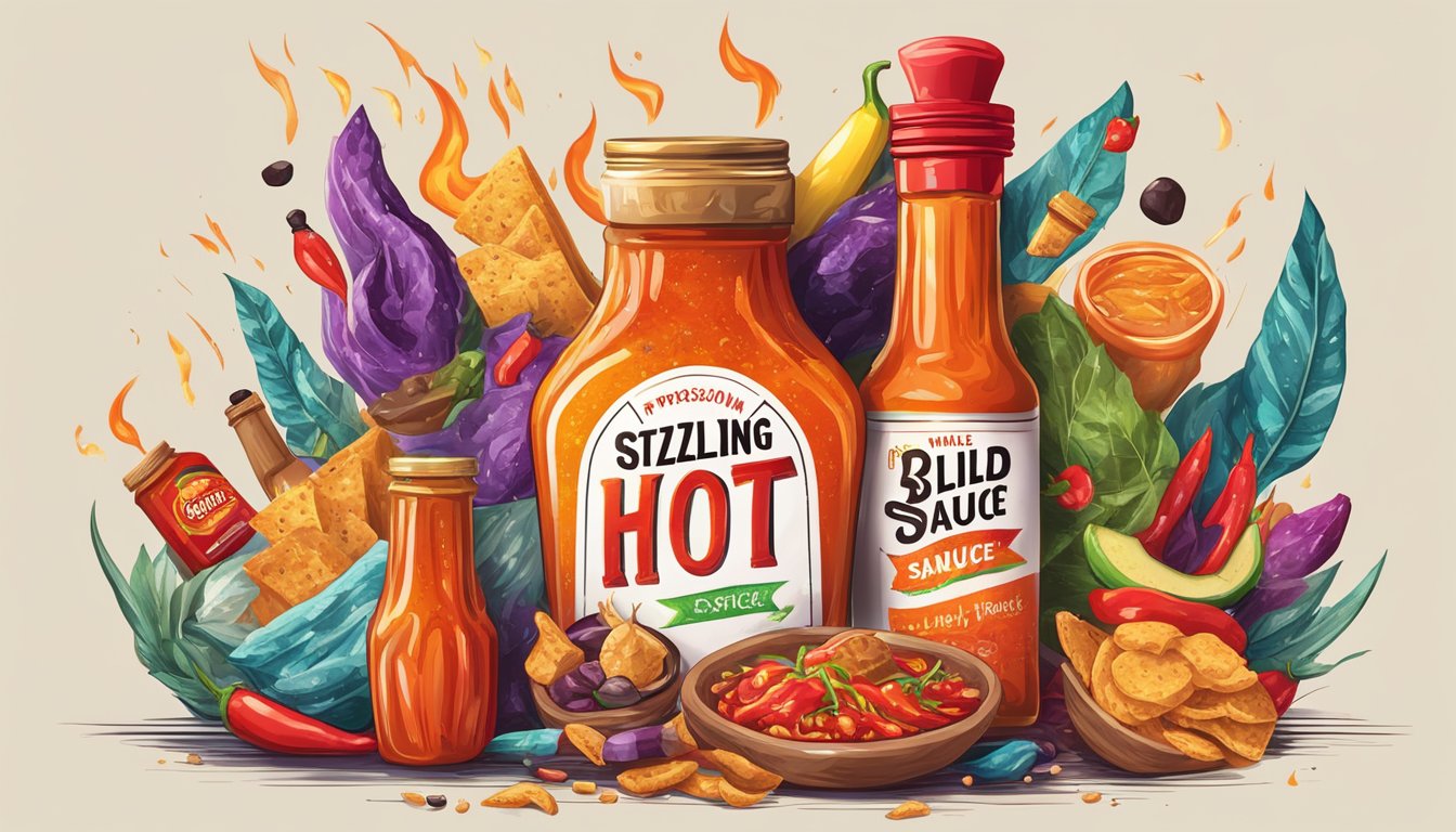 A sizzling hot sauce bottle surrounded by a variety of bold and spicy snacks, with flames and sparks igniting from the sauce