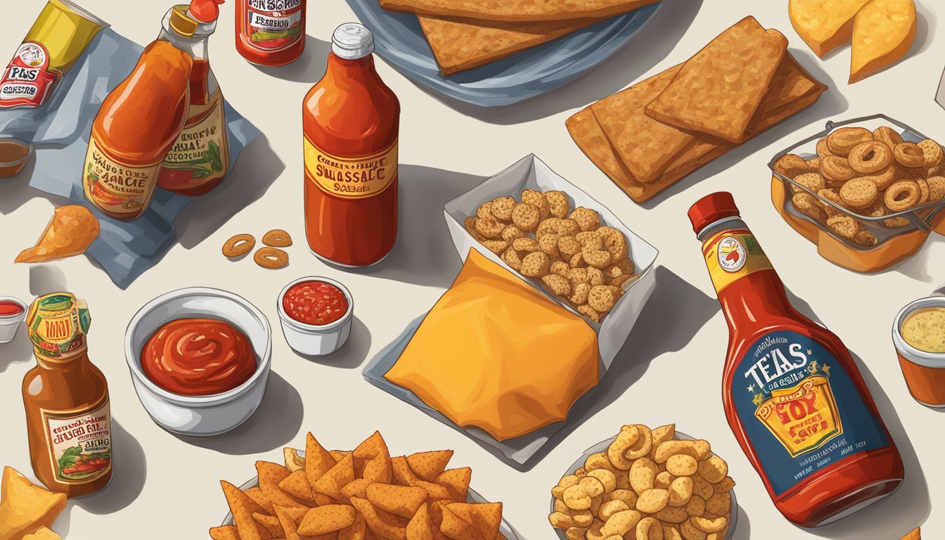 A sizzling bottle of Texas hot sauce beside a variety of snack foods, sparking ideas for new flavor combinations