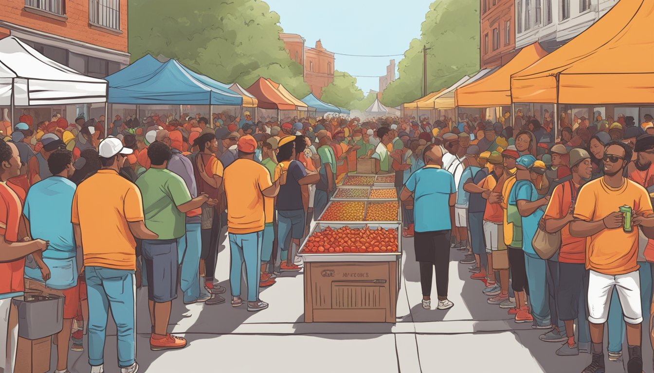 Vendors line the streets, offering samples of fiery hot sauces. A crowd gathers to watch competitors take on the ultimate spicy challenge