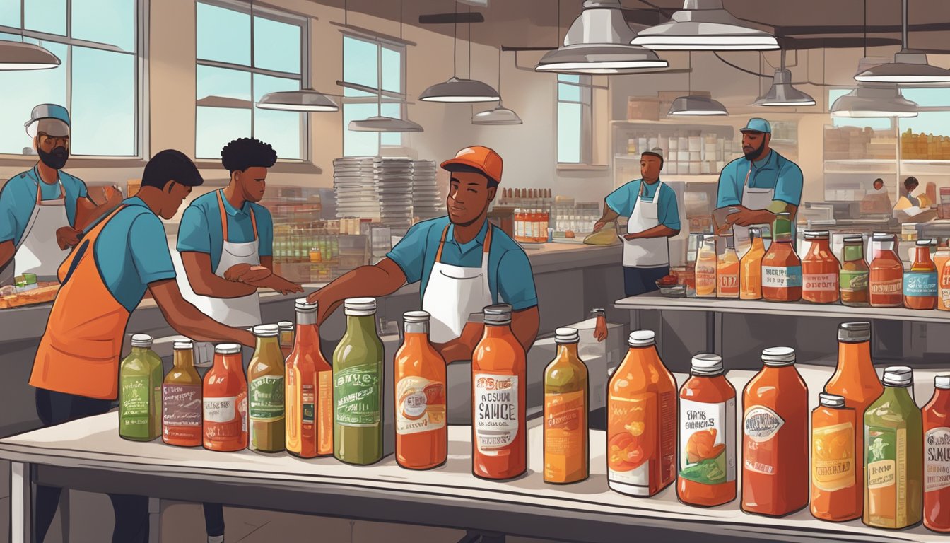 A bustling hot sauce factory with workers bottling and labeling spicy sauces, while others brainstorm new snack ideas in a trendy Texas setting