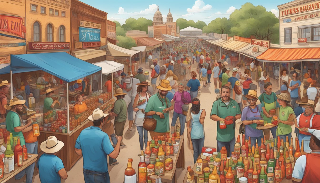 A bustling Texas hot sauce festival with vendors, spicy aromas, and lively competitions