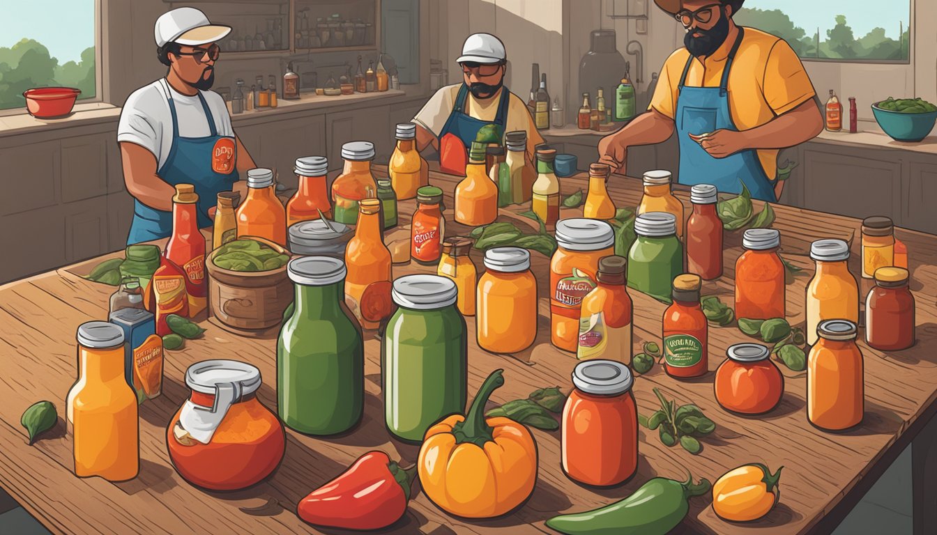 A group of hot sauce makers in Texas gather around a table, surrounded by various peppers, spices, and bottles. They are experimenting with different combinations to create unique and fiery flavors