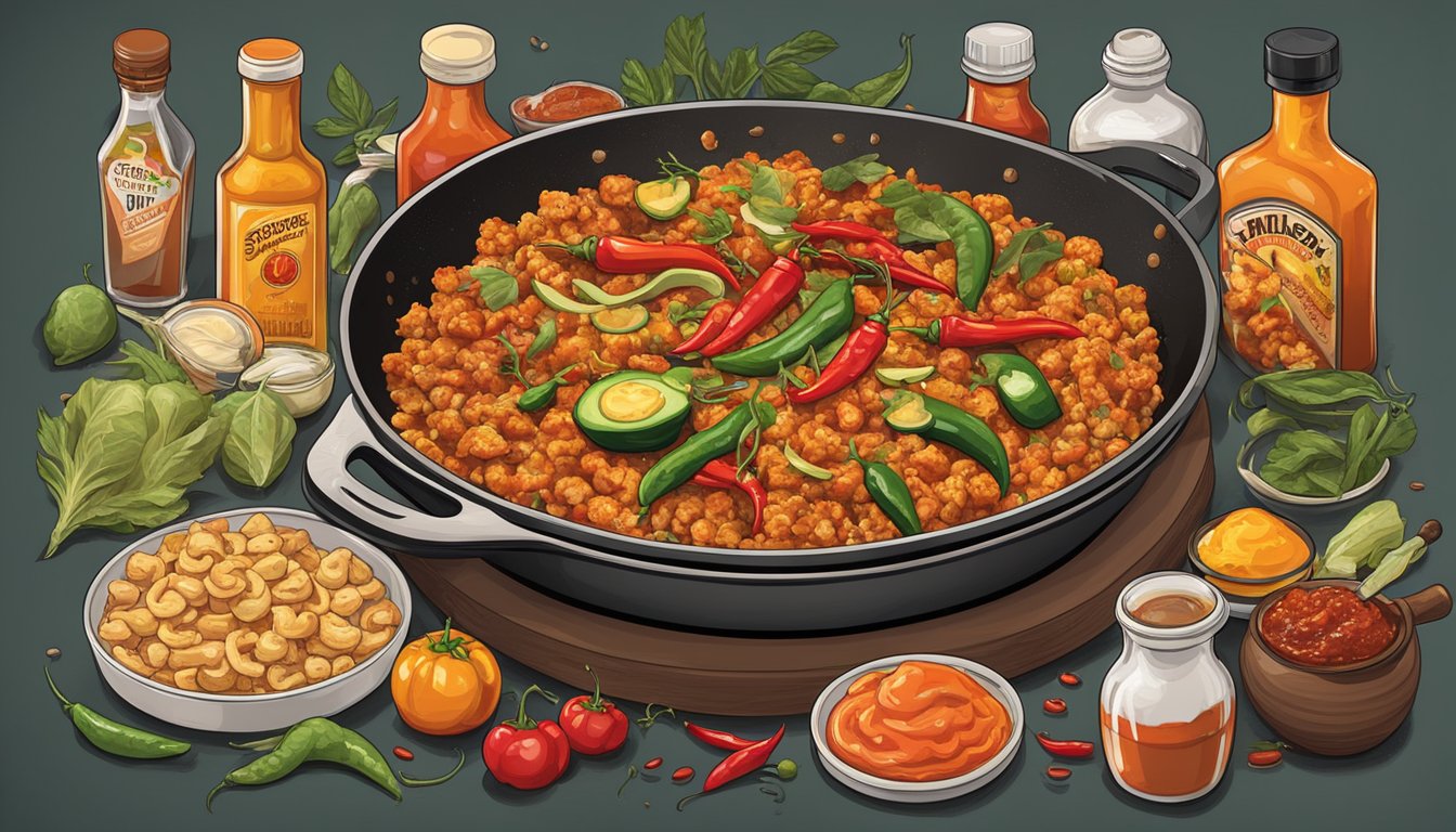 A sizzling skillet of spicy snacks surrounded by various hot sauce bottles and ingredients, evoking a sense of culinary creativity and innovation