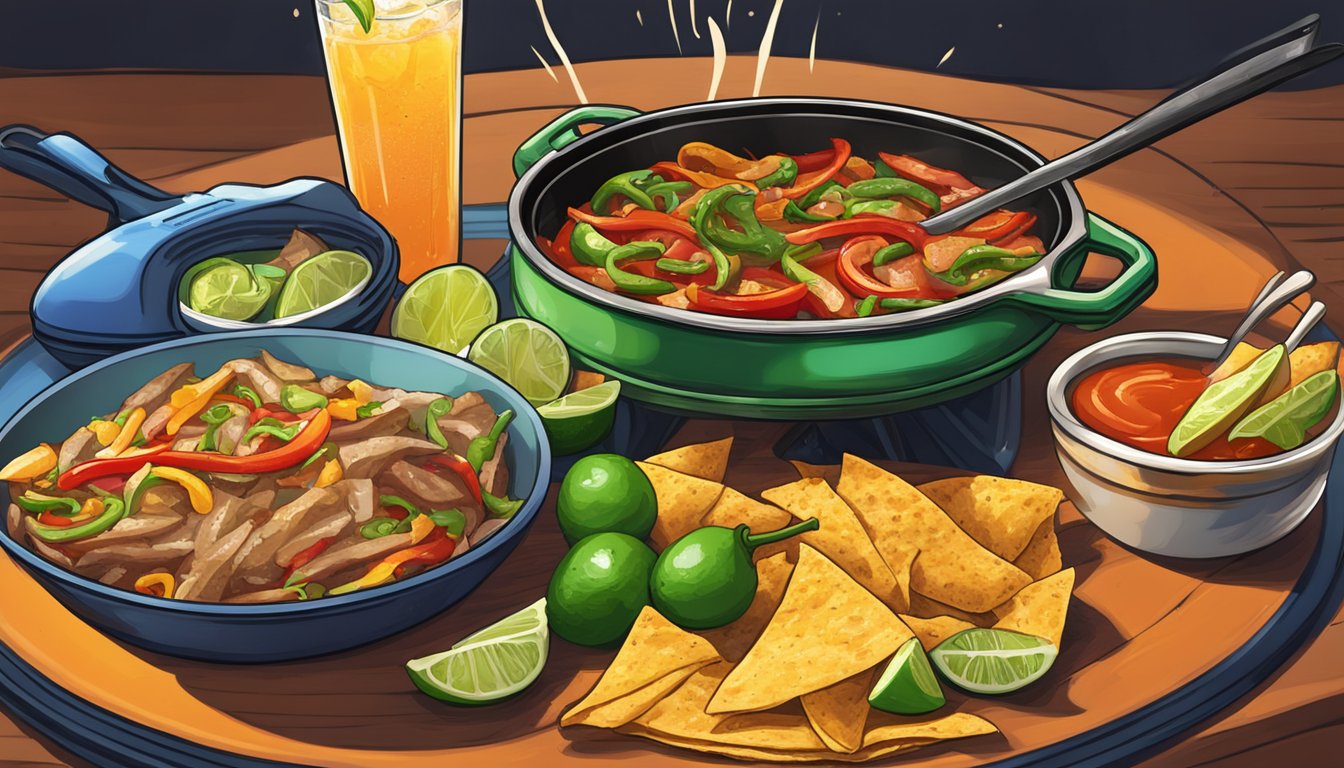 A sizzling skillet of Tex-Mex fajitas and a margarita with a splash of fiery hot sauce on the rim