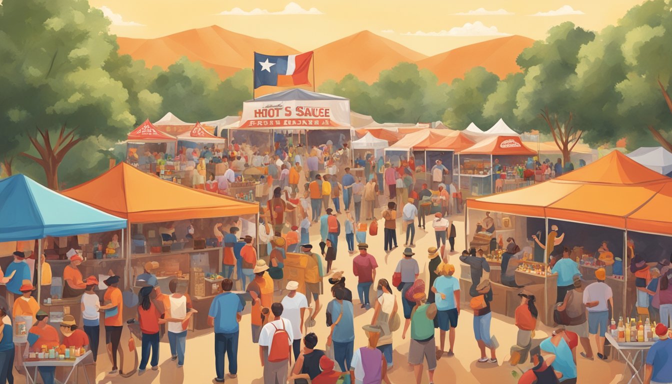 A bustling Texas hot sauce festival with vendors, live music, and fiery competitions draws crowds to a sun-drenched outdoor venue